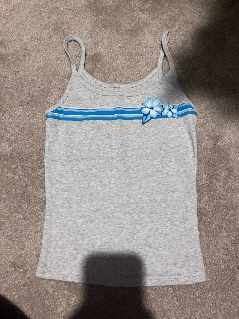 Gray Tank Top with Blue Stripe & Floral Accent